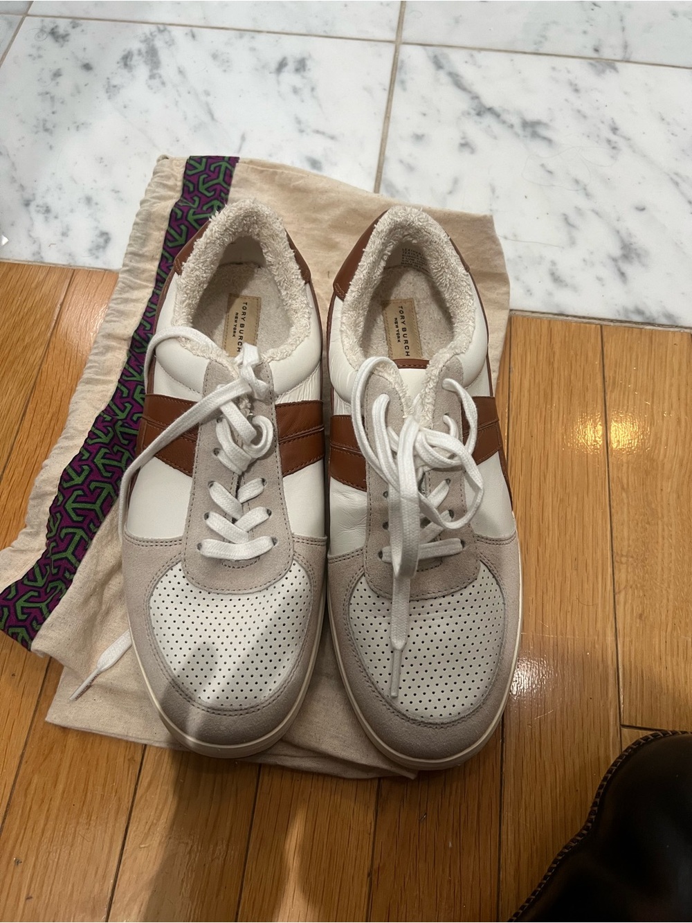 Tor Burch  White and Brown Leather Athletic Sneakers